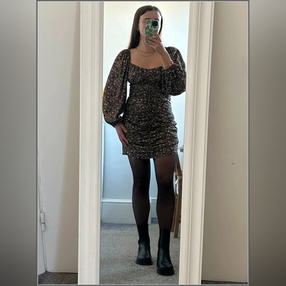 Topshop Black and White Floral Long Sleeve Dress
